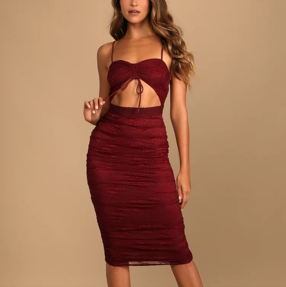 Lulus Dresses & Skirts - Up the Appeal Burgundy Lace Cutout Bodycon Midi Dress